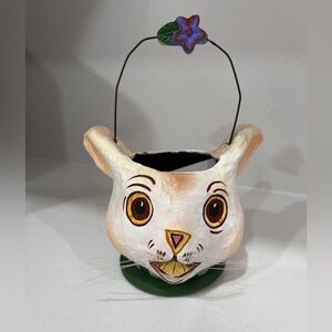 Vintage 1990s Department Dept 56 Easter Bunny Rabbit Basket Handled Paper Mache